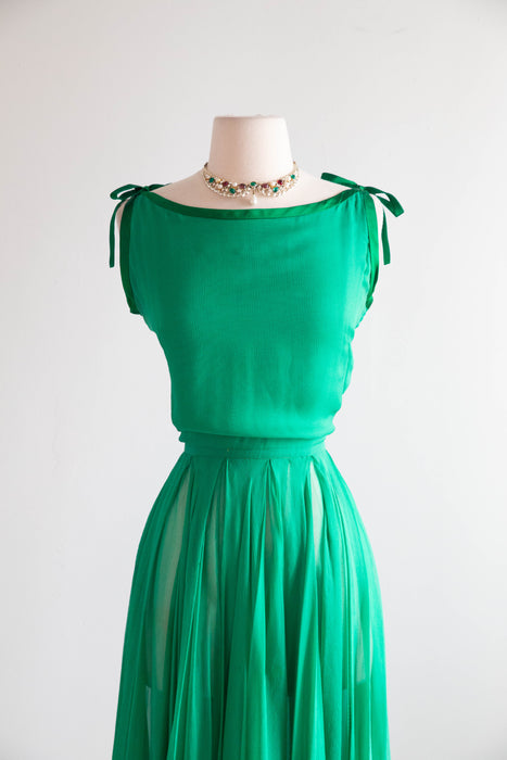 Ethereal 1950's Emerald Green Silk Chiffon Couture Cocktail Dress / S