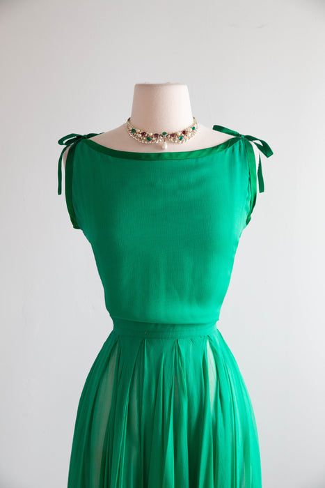 Ethereal 1950's Emerald Green Silk Chiffon Couture Cocktail Dress / S