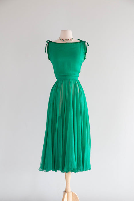 Ethereal 1950's Emerald Green Silk Chiffon Couture Cocktail Dress / S