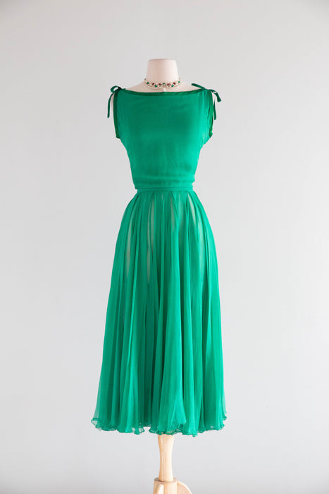Ethereal 1950's Emerald Green Silk Chiffon Couture Cocktail Dress / S