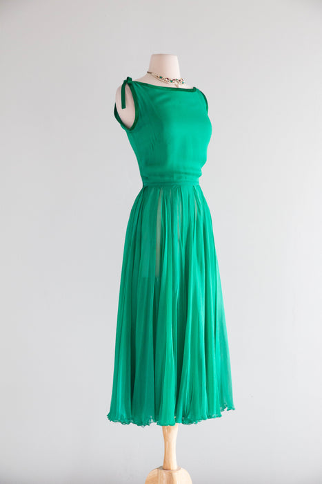 Ethereal 1950's Emerald Green Silk Chiffon Couture Cocktail Dress / S