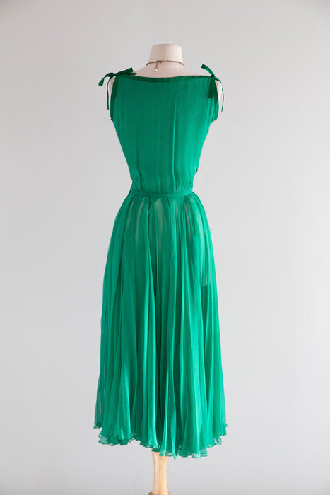Ethereal 1950's Emerald Green Silk Chiffon Couture Cocktail Dress / S