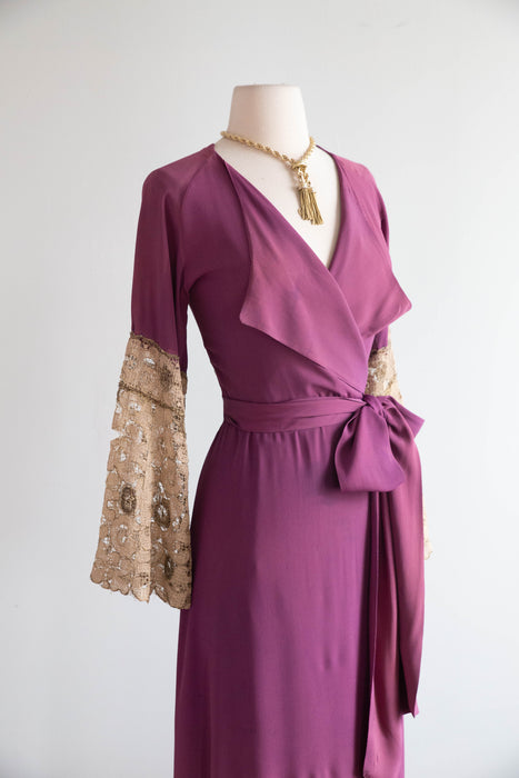 Gorgeous 1930's Violet Rayon Dressing Gown With Lace Sleeves / SM