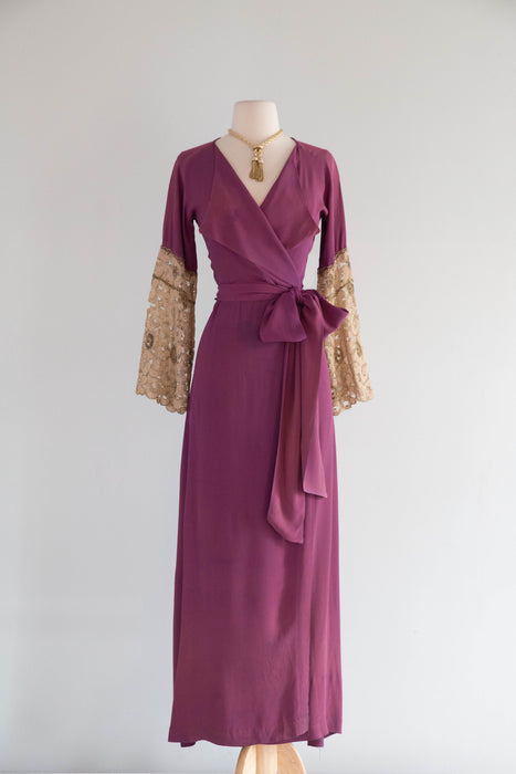 Gorgeous 1930's Violet Rayon Dressing Gown With Lace Sleeves / SM