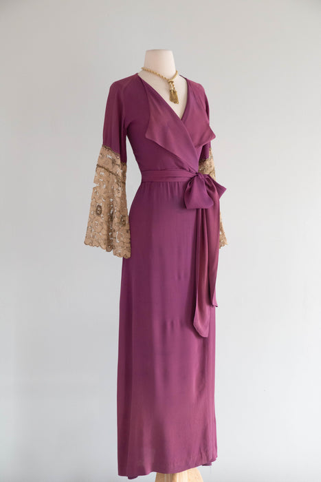 Gorgeous 1930's Violet Rayon Dressing Gown With Lace Sleeves / SM
