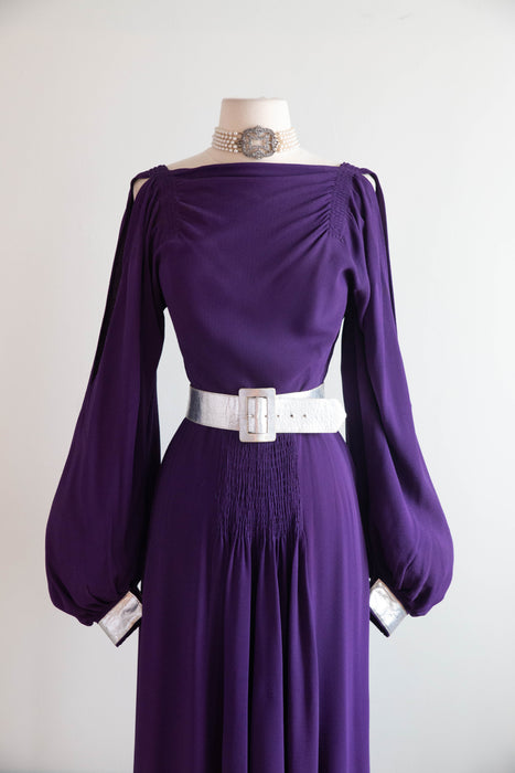 Iconic 1930's Art Deco Aubergine Crepe Evening Gown With Silver Leather Accents / SM