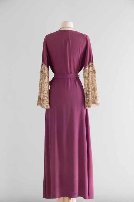 Gorgeous 1930's Violet Rayon Dressing Gown With Lace Sleeves / SM