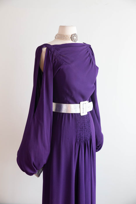 Iconic 1930's Art Deco Aubergine Crepe Evening Gown With Silver Leather Accents / SM
