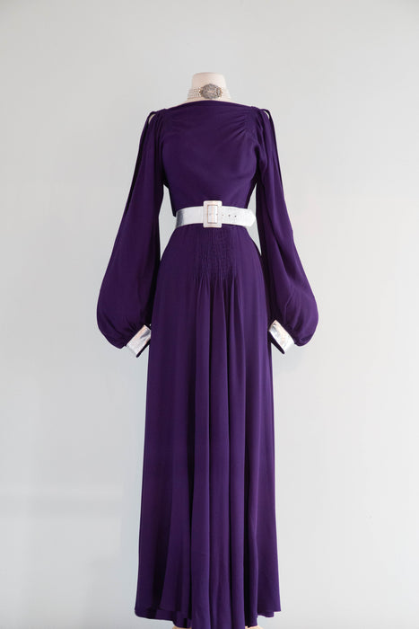 Iconic 1930's Art Deco Aubergine Crepe Evening Gown With Silver Leather Accents / SM