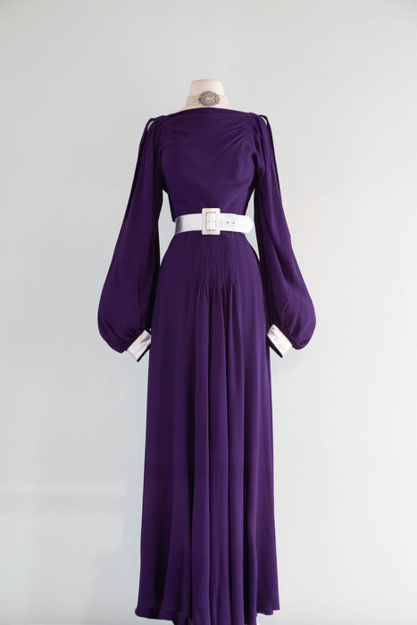 Iconic 1930's Art Deco Aubergine Crepe Evening Gown With Silver Leather Accents / SM
