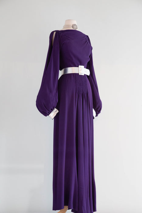 Iconic 1930's Art Deco Aubergine Crepe Evening Gown With Silver Leather Accents / SM