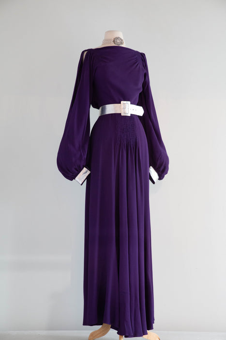 Iconic 1930's Art Deco Aubergine Crepe Evening Gown With Silver Leather Accents / SM