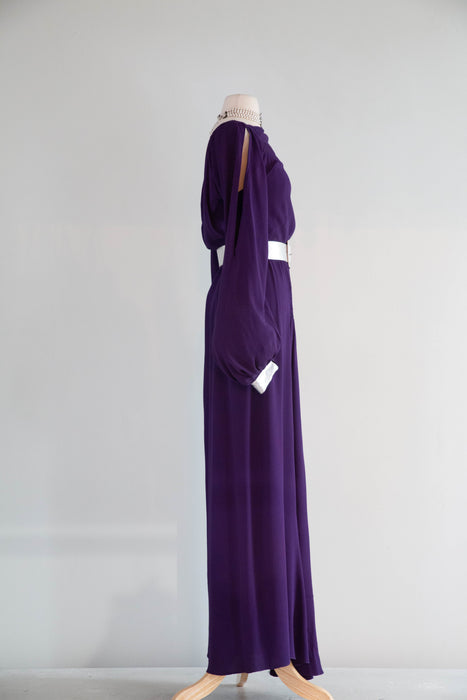 Iconic 1930's Art Deco Aubergine Crepe Evening Gown With Silver Leather Accents / SM