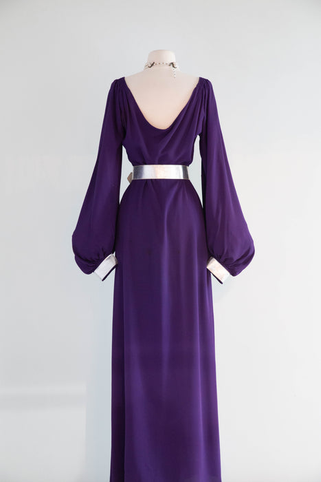Iconic 1930's Art Deco Aubergine Crepe Evening Gown With Silver Leather Accents / SM