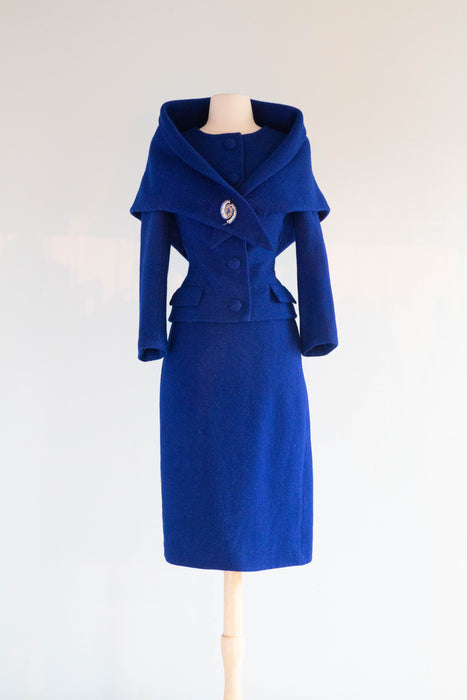 Elegant 1950's Royal Blue Wool Suit with Shawl Wrap and Fabulous Silk Lining / XS