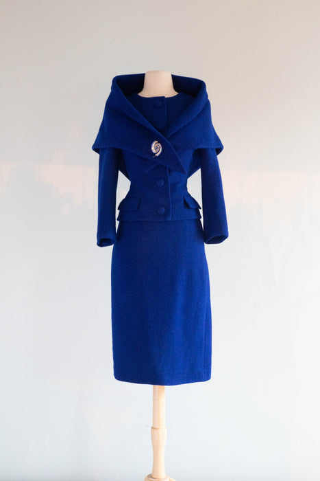 Elegant 1950's Royal Blue Wool Suit with Shawl Wrap and Fabulous Silk Lining / XS