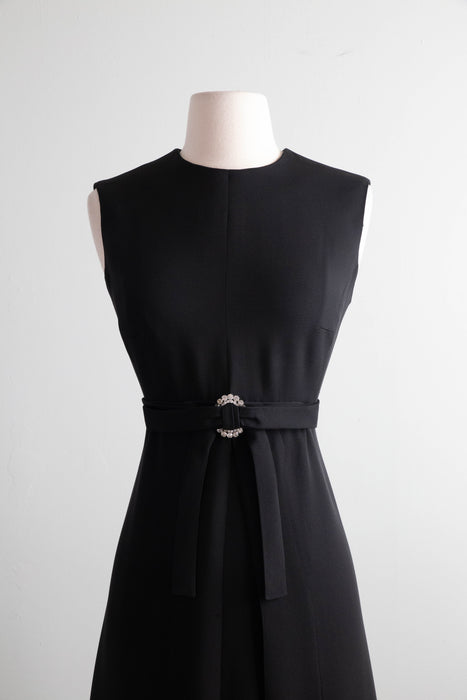 Elegant 1960's Little Black Dress With Rhinestone Buckle By Shannon Rodgers / Small