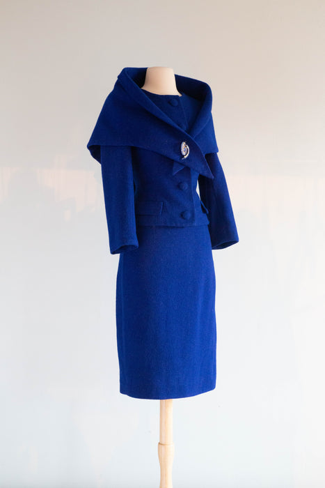 Elegant 1950's Royal Blue Wool Suit with Shawl Wrap and Fabulous Silk Lining / XS