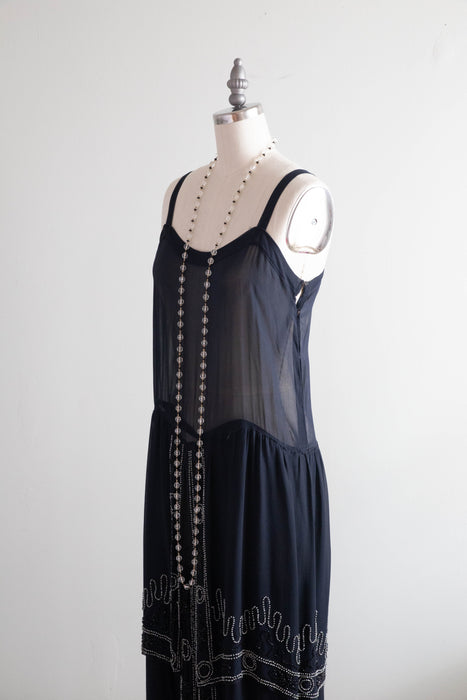 Elegant 1920's Midnight Blue Silk Art Nouveau Beaded Evening Dress / Small