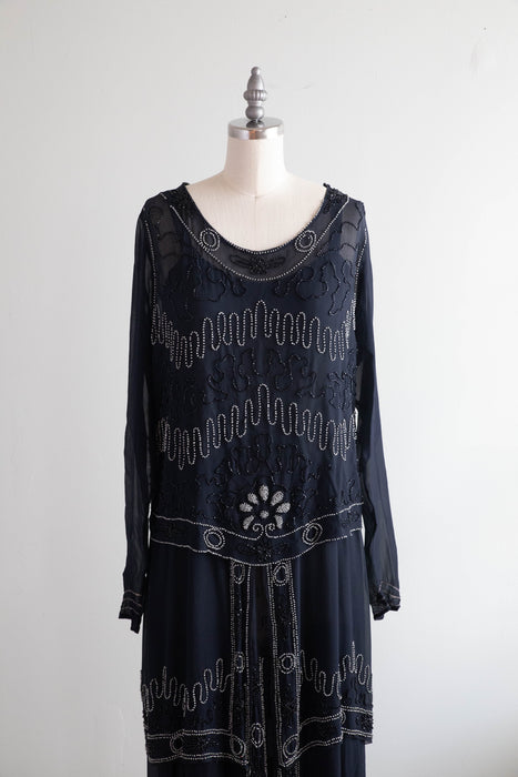 Elegant 1920's Midnight Blue Silk Art Nouveau Beaded Evening Dress / Small