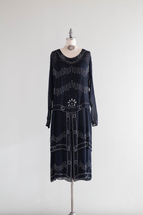 Elegant 1920's Midnight Blue Silk Art Nouveau Beaded Evening Dress / Small