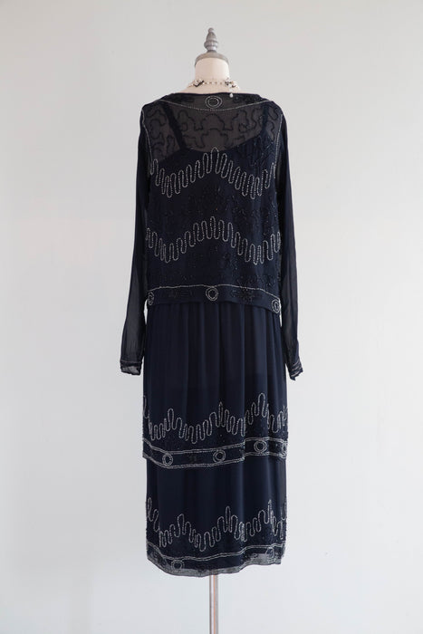 Elegant 1920's Midnight Blue Silk Art Nouveau Beaded Evening Dress / Small