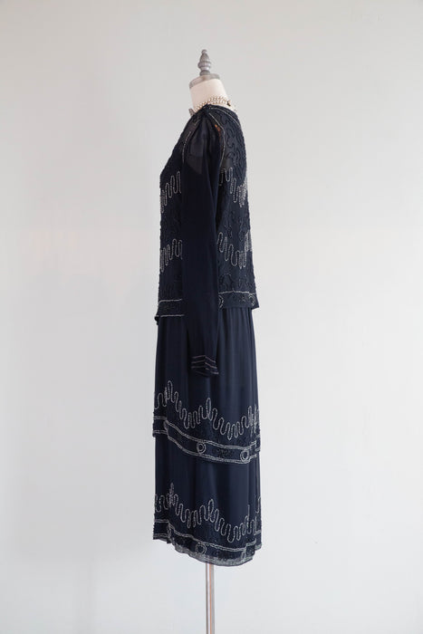 Elegant 1920's Midnight Blue Silk Art Nouveau Beaded Evening Dress / Small