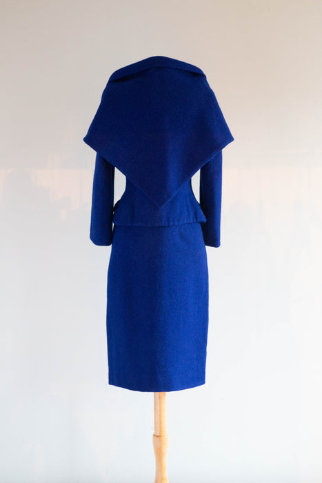 Elegant 1950's Royal Blue Wool Suit with Shawl Wrap and Fabulous Silk Lining / XS