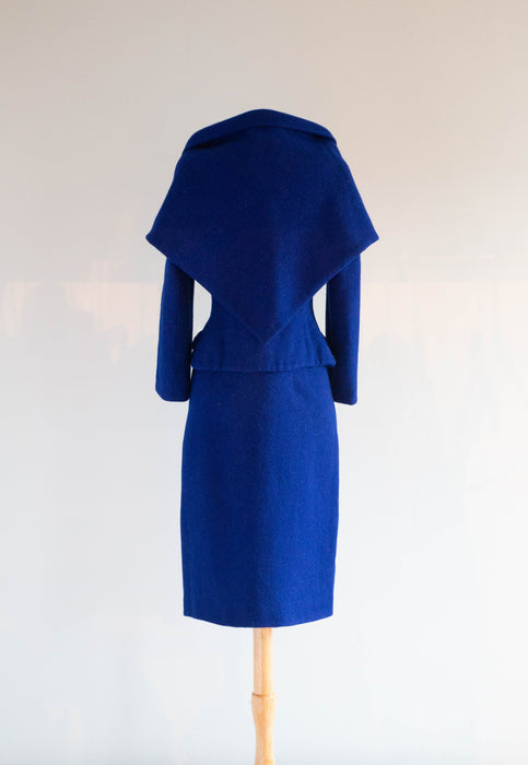 Elegant 1950's Royal Blue Wool Suit with Shawl Wrap and Fabulous Silk Lining / XS