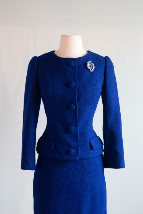 Elegant 1950's Royal Blue Wool Suit with Shawl Wrap and Fabulous Silk Lining / XS