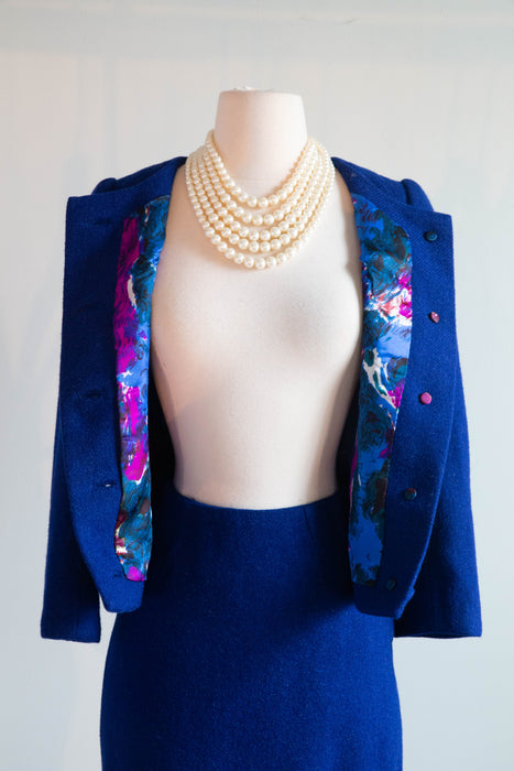 Elegant 1950's Royal Blue Wool Suit with Shawl Wrap and Fabulous Silk Lining / XS