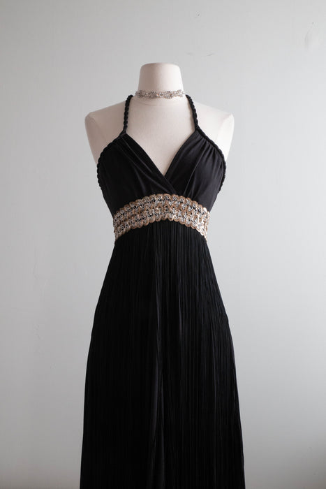 1970s Disco Glam Black Full Fringe Maxi Dress / Small