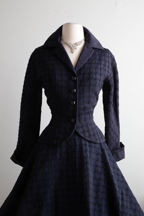 Fabulous Early 1950's New Look Navy Faille Suit With Coral Lining / Small