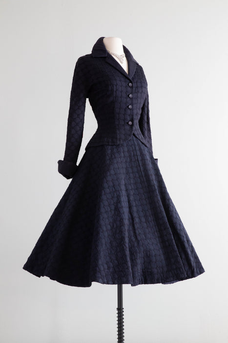 Fabulous Early 1950's New Look Navy Faille Suit With Coral Lining / Small