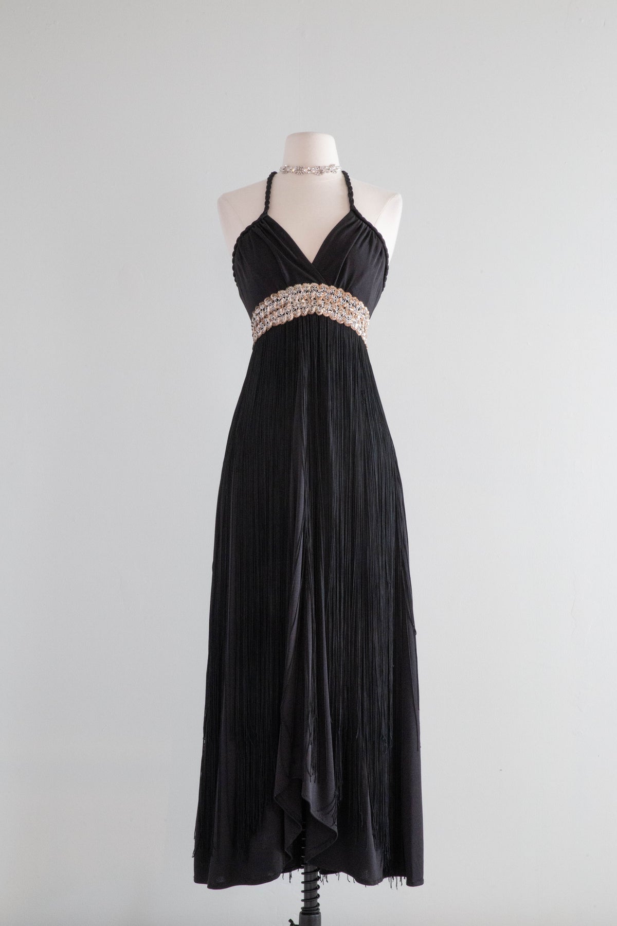 black disco dress 1970s Glam Full Fringe Maxi / Small – Xtabay Vintage Size:38/32 sleeves:strapless Women's Black Flats + The dresss black color