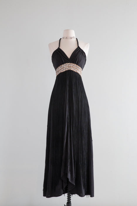 1970s Disco Glam Black Full Fringe Maxi Dress / Small Xtabay Vintage 1970s Disco Glam Black Full Fringe Maxi Dress / Small Xtabay Vintage