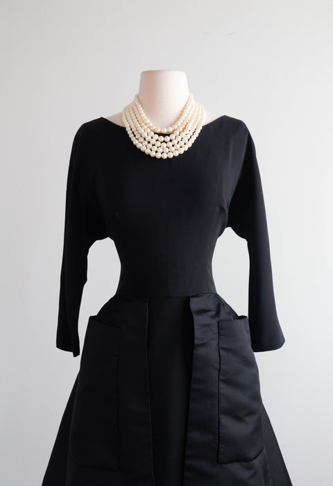 Stunning Late 1950's Black Cocktail Dress With Dramatic Silk Peplum / ML