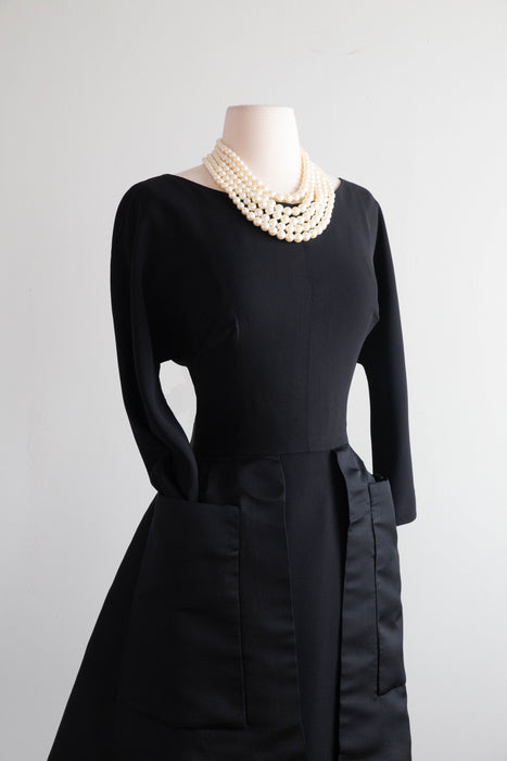 Stunning Late 1950's Black Cocktail Dress With Dramatic Silk Peplum / ML