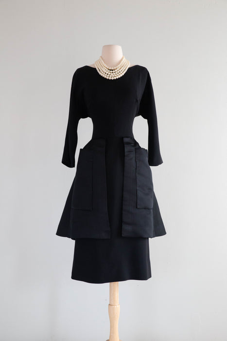 Stunning Late 1950's Black Cocktail Dress With Dramatic Silk Peplum / ML