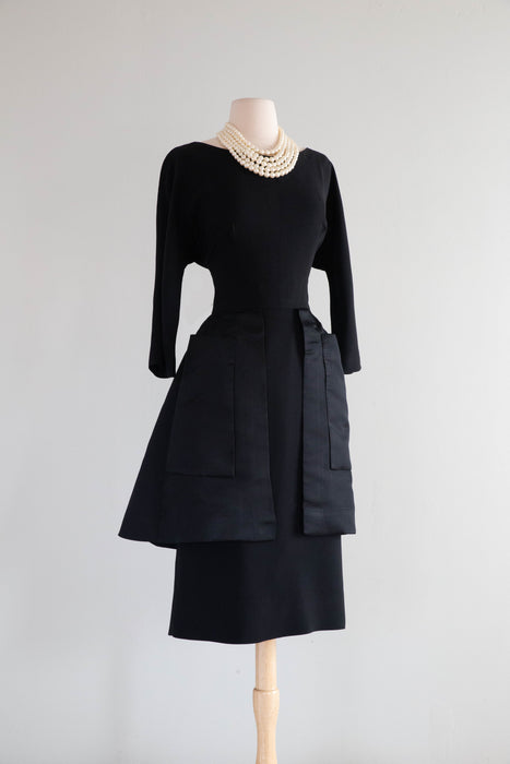 Stunning Late 1950's Black Cocktail Dress With Dramatic Silk Peplum / ML