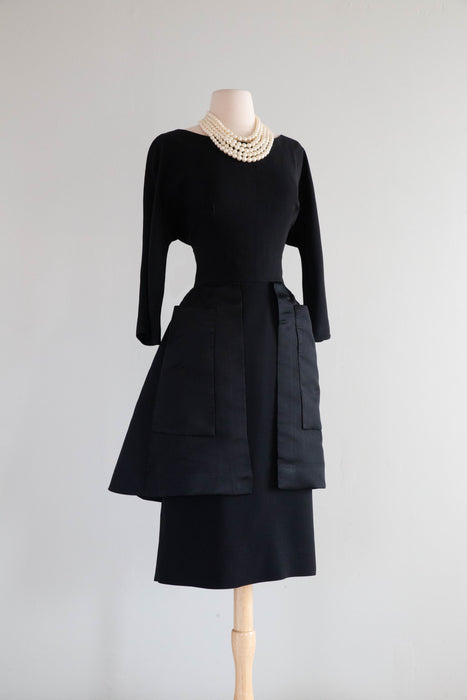 Stunning Late 1950's Black Cocktail Dress With Dramatic Silk Peplum / ML