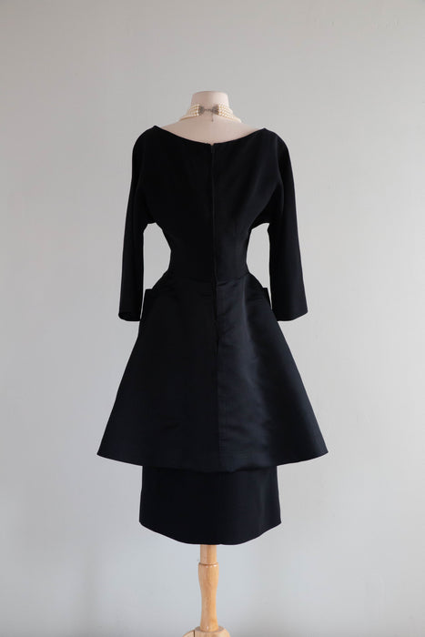 Stunning Late 1950's Black Cocktail Dress With Dramatic Silk Peplum / ML