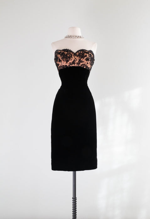 Glamorous 1950's Black Velvet & Illusion Lace Cocktail Dress By Don Loper / Small