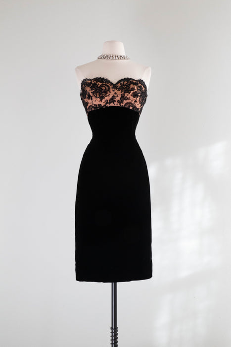 Glamorous 1950's Black Velvet & Illusion Lace Cocktail Dress By Don Loper / Small