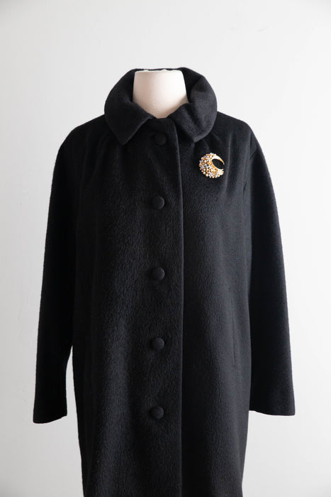 Elegant 1950's Black Alpaca Cocoon Coat From I.Magnin / M