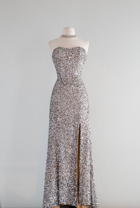 Vintage Platinum Silver Sequined Mermaid Bombshell Evening Gown / Small