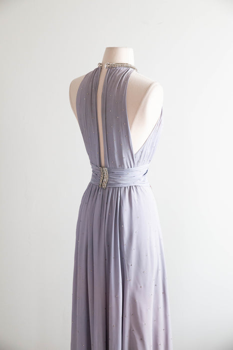 Exquisite 1930's Wallis Blue Rhinestone Studded Bias Cut Halter Gown / XS