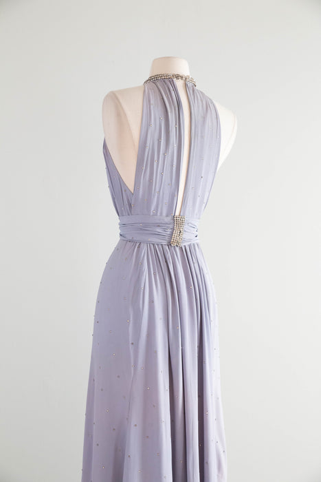 Exquisite 1930's Wallis Blue Rhinestone Studded Bias Cut Halter Gown / XS