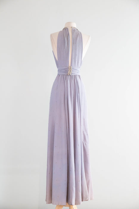 Exquisite 1930's Wallis Blue Rhinestone Studded Bias Cut Halter Gown / XS