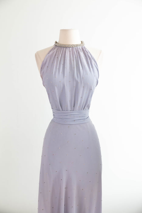 Exquisite 1930's Wallis Blue Rhinestone Studded Bias Cut Halter Gown / XS